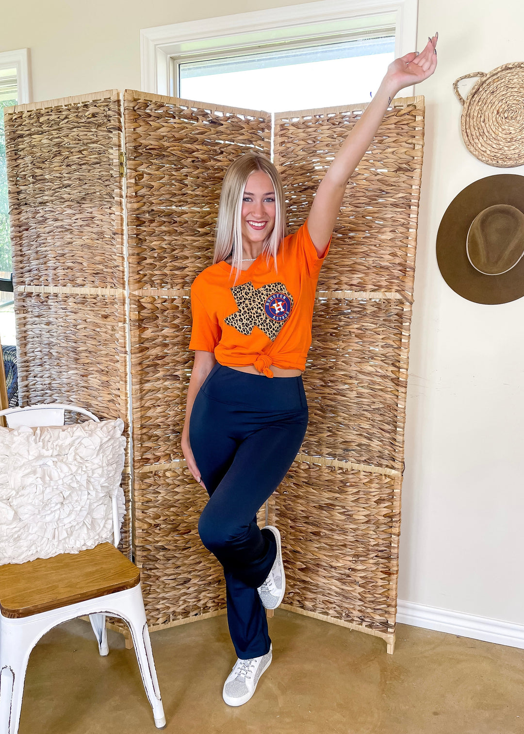 Astros Game Day | Houston Astros Leopard Print Texas Short Sleeve Graphic Tee in Orange - Giddy Up Glamour Boutique