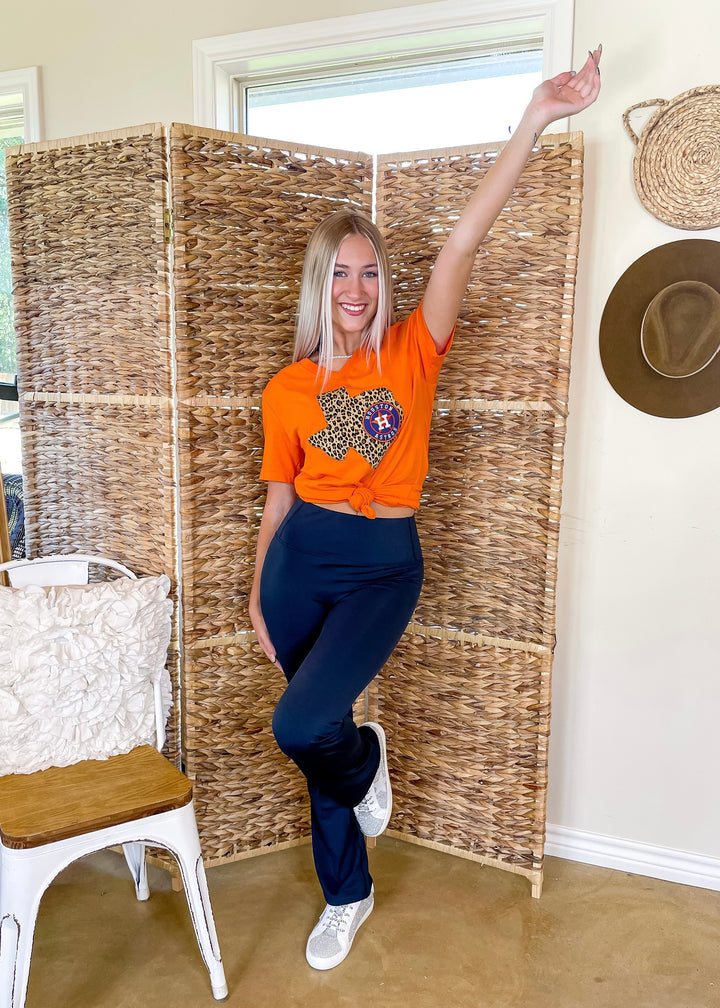 Astros Game Day | Houston Astros Leopard Print Texas Short Sleeve Graphic Tee in Orange - Giddy Up Glamour Boutique