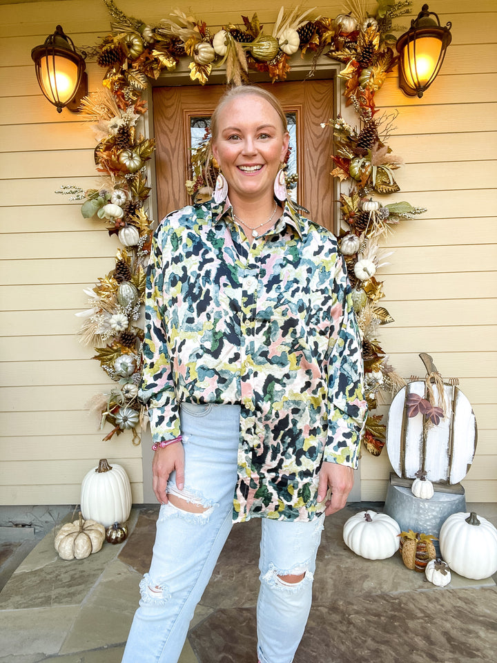 Tell Me Something Good Long Sleeve Button Up Watercolor Animal Print Top in Green Mix - Giddy Up Glamour Boutique