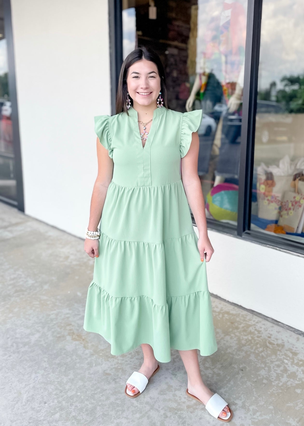 Magnolia Morning Ruffle Cap Sleeve Tiered Midi Dress in Sage Green - Giddy Up Glamour Boutique
