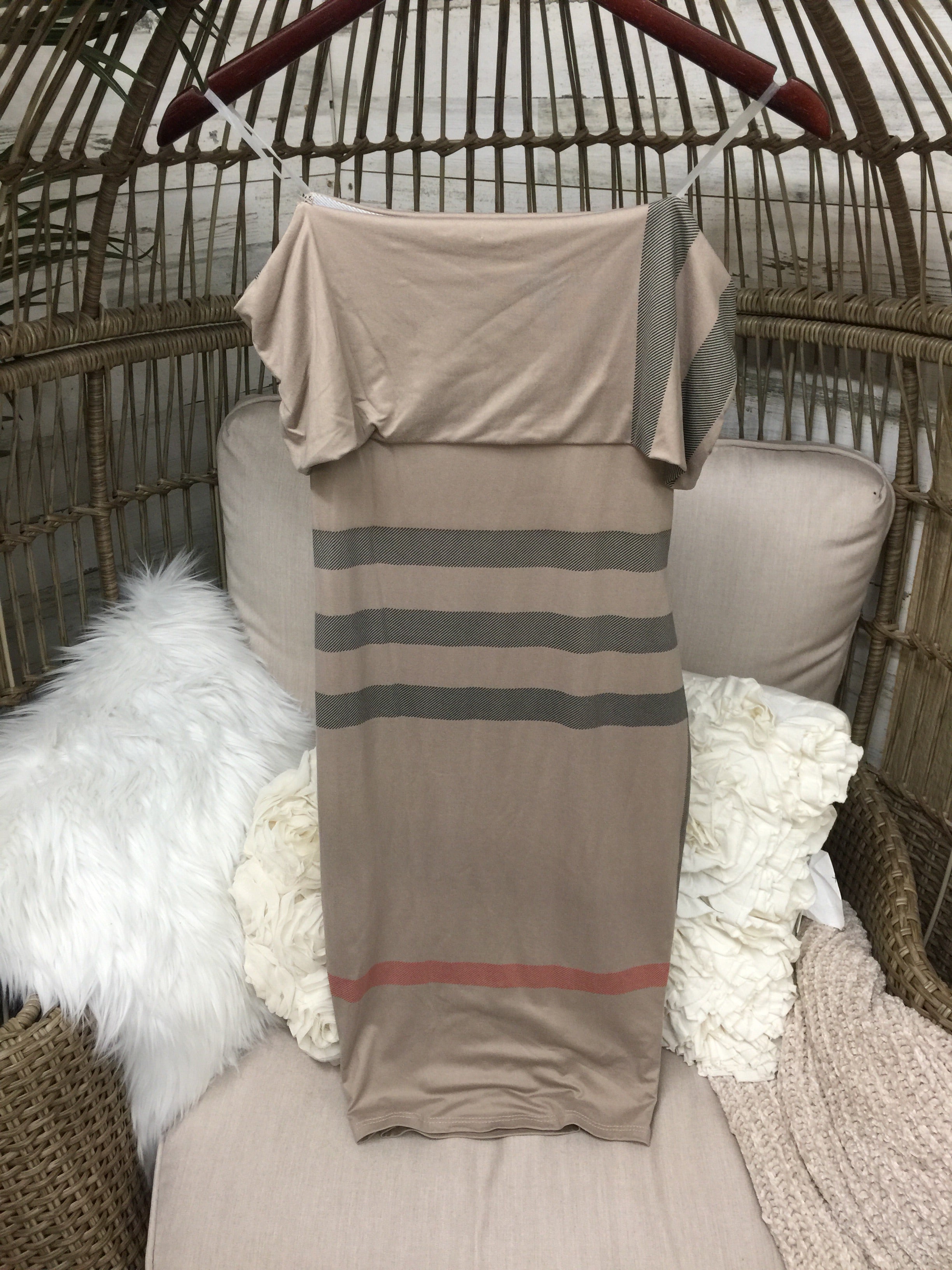 Plaid Off the Shoulder Midi Dress in Light Brown