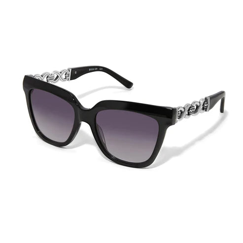 Black sunglasses with silver plated details on the side, on a solid white background.