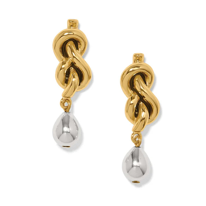 Gold and silver knot earrings on a white background