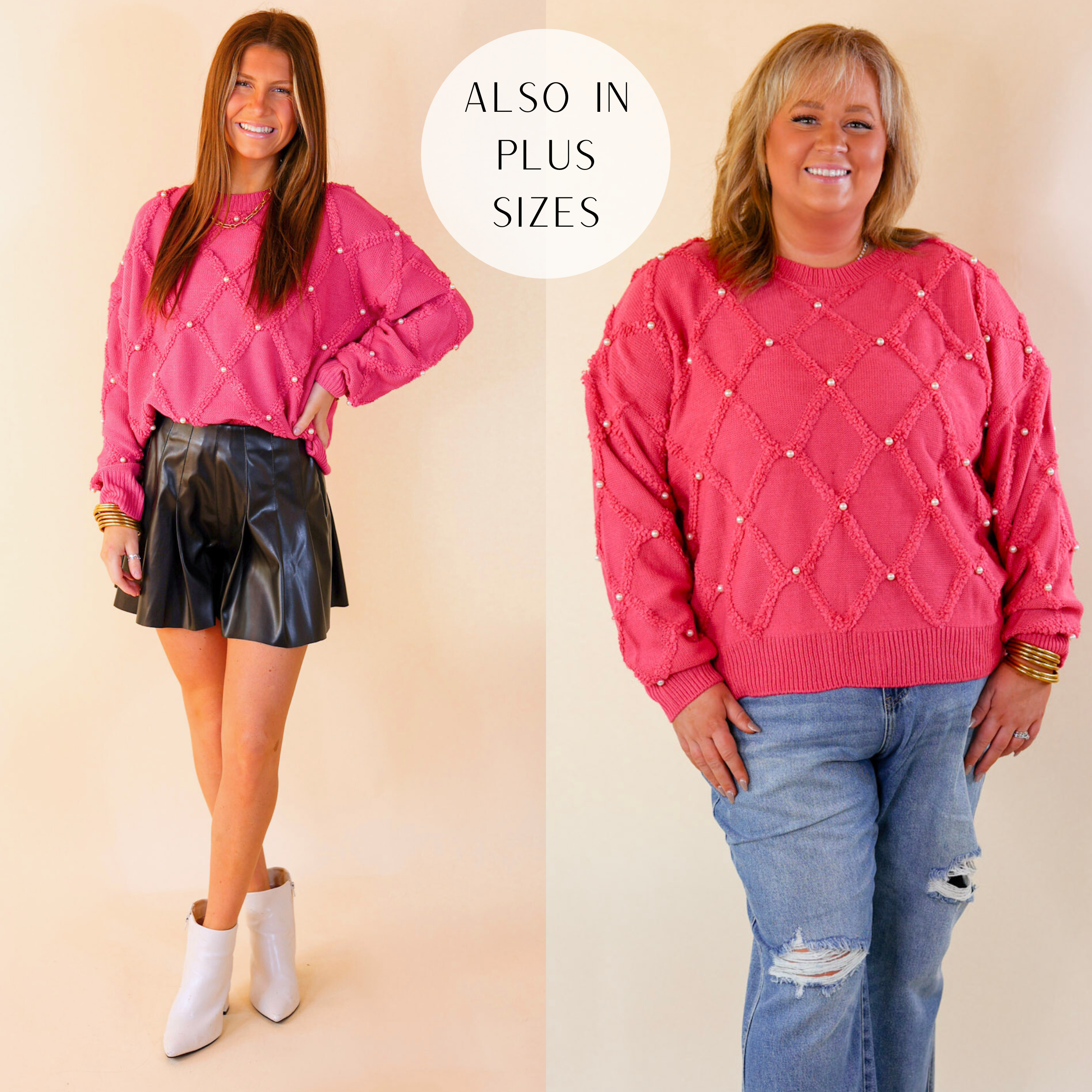 Model is wearing a pink pearl knit sweater paired with faux leather shorts, white booties, and gold jewelry.  Size plus model is has it paired with light washed jeans and gold jewelry.
