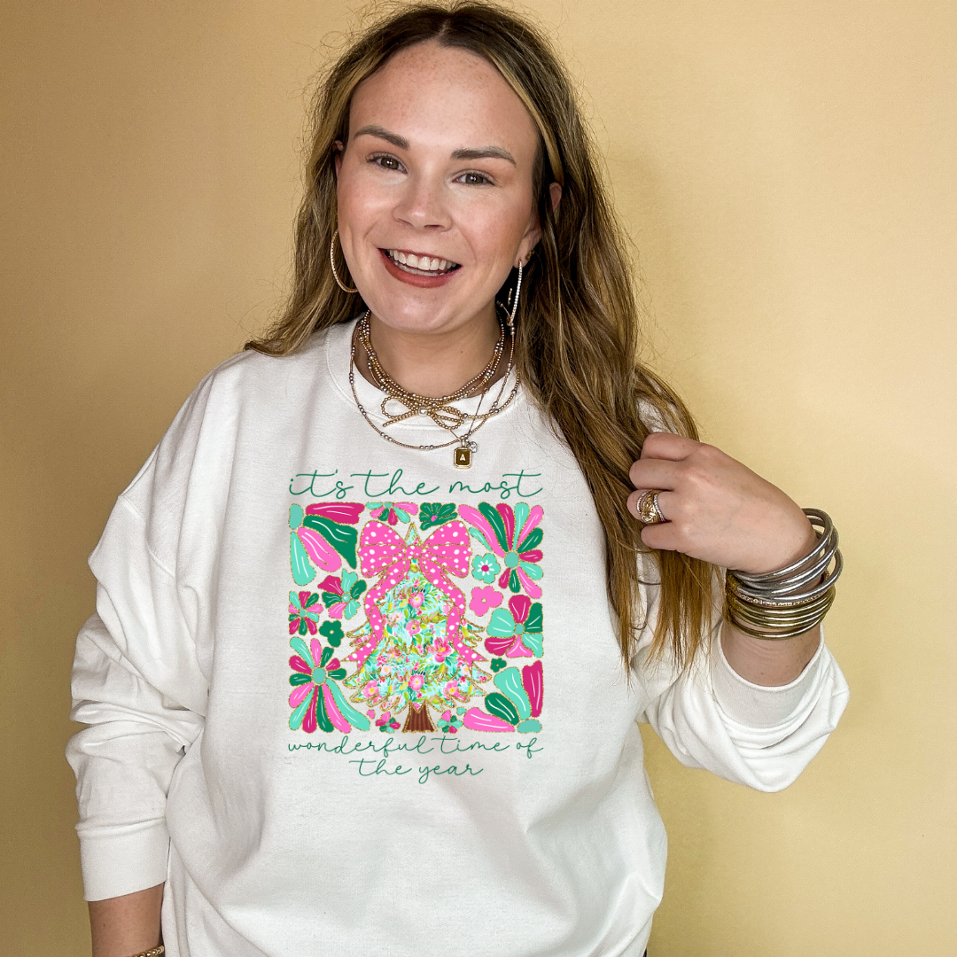 Online Exclusive | "It's the Most Wonderful Time of the Year" Coquette Christmas Tree Graphic Sweatshirt in Multiple Color Options