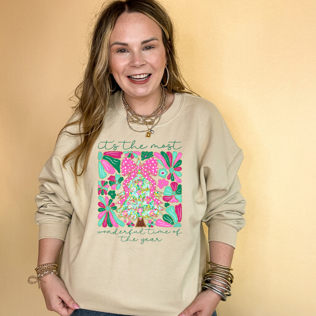 Online Exclusive | "It's the Most Wonderful Time of the Year" Coquette Christmas Tree Graphic Sweatshirt in Multiple Color Options