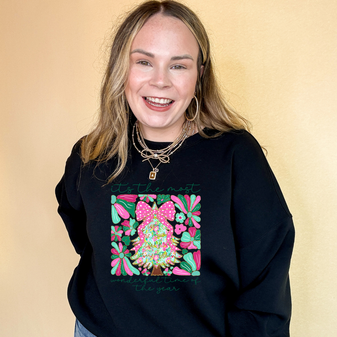 Online Exclusive | "It's the Most Wonderful Time of the Year" Coquette Christmas Tree Graphic Sweatshirt in Multiple Color Options