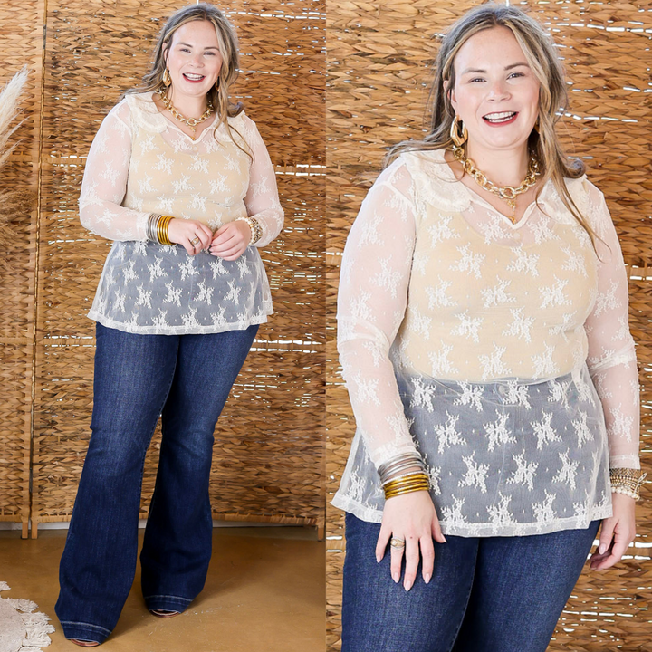 Pretty and Poised Floral Print Lace Top with Ruffle Collar in Ivory