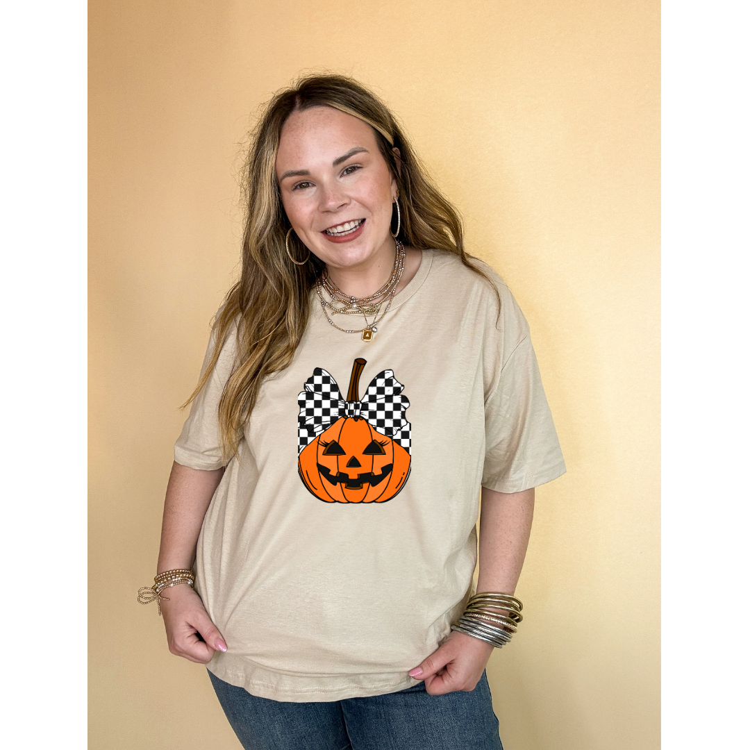 Online Exclusive | Jack-O-Lantern Pumpkin with Checkered Bow Graphic Tee in Multiple Color Options