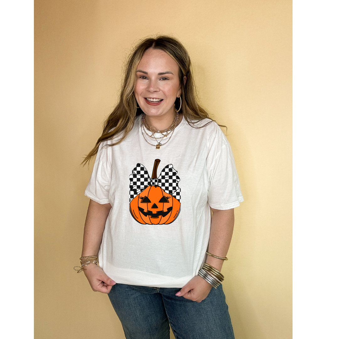 Online Exclusive | Jack-O-Lantern Pumpkin with Checkered Bow Graphic Tee in Multiple Color Options