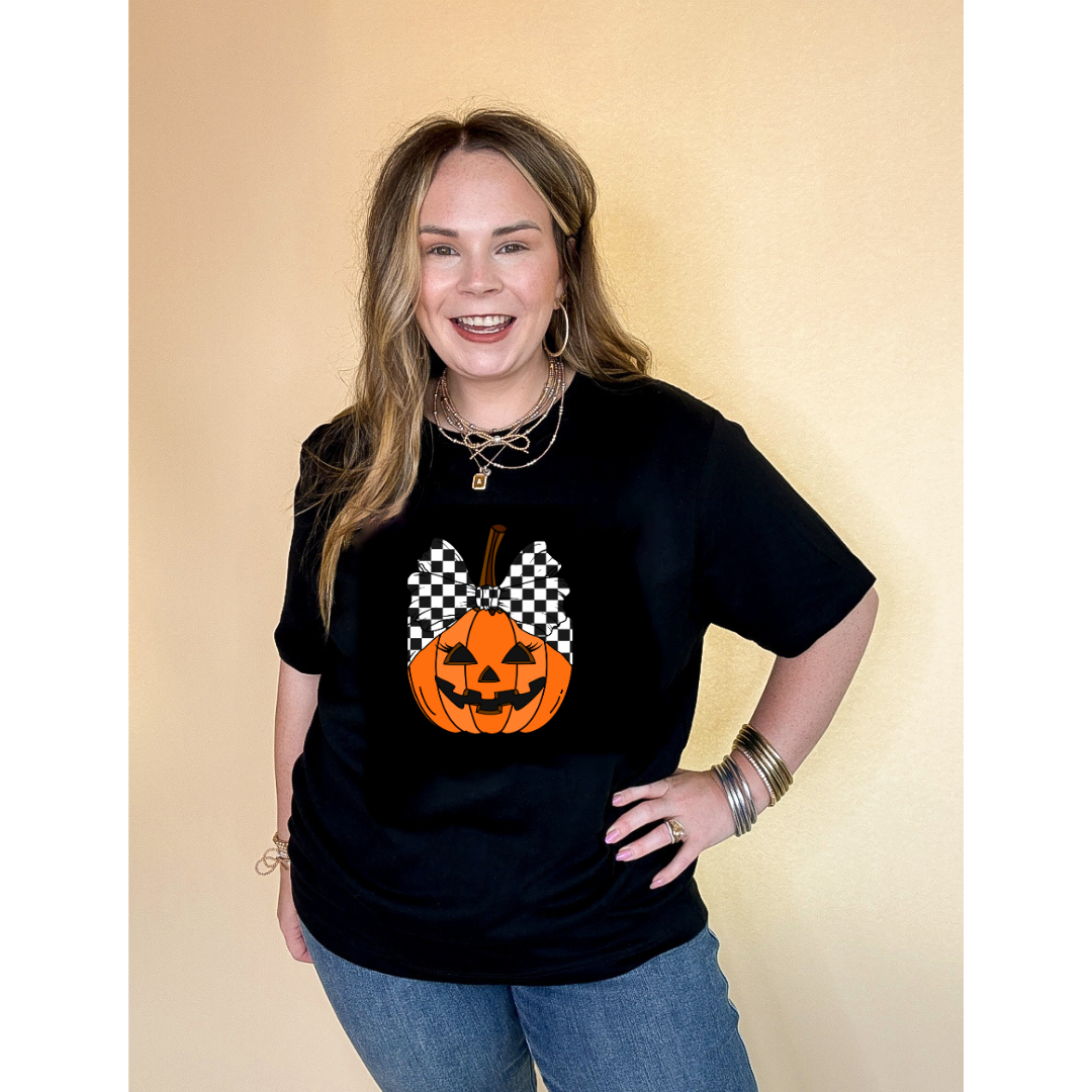 Online Exclusive | Jack-O-Lantern Pumpkin with Checkered Bow Graphic Tee in Multiple Color Options