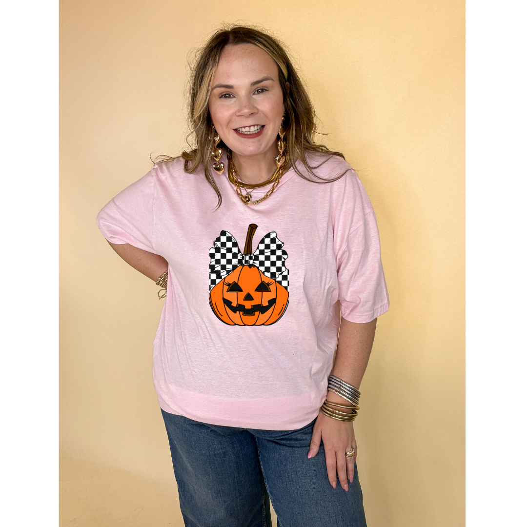 Online Exclusive | Jack-O-Lantern Pumpkin with Checkered Bow Graphic Tee in Multiple Color Options