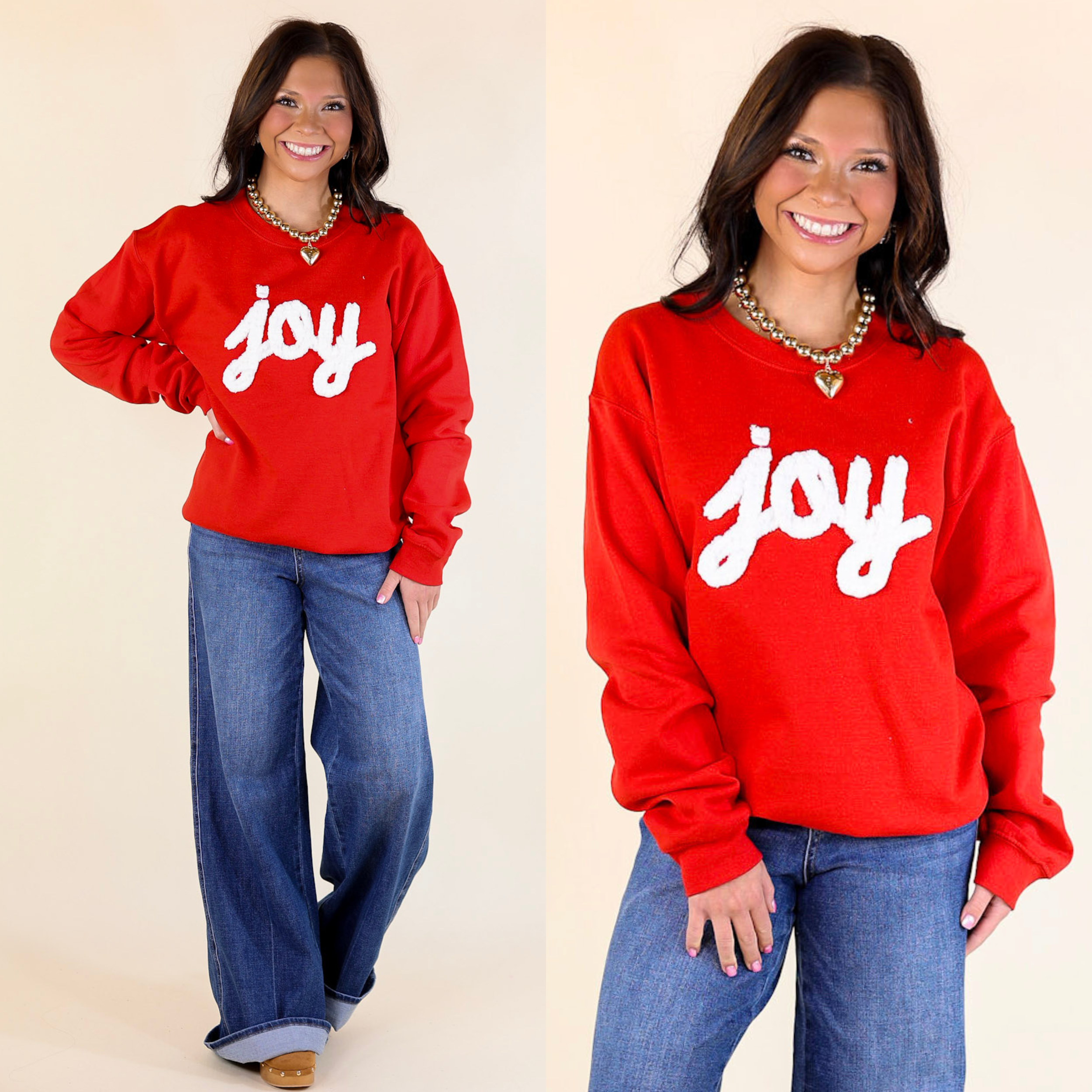 Joy Hand Stitched Christmas Graphic Sweatshirt in Red