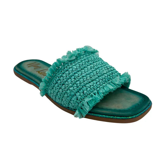 Aqua blue woven flat sandals with a leather footbed and glitter border.