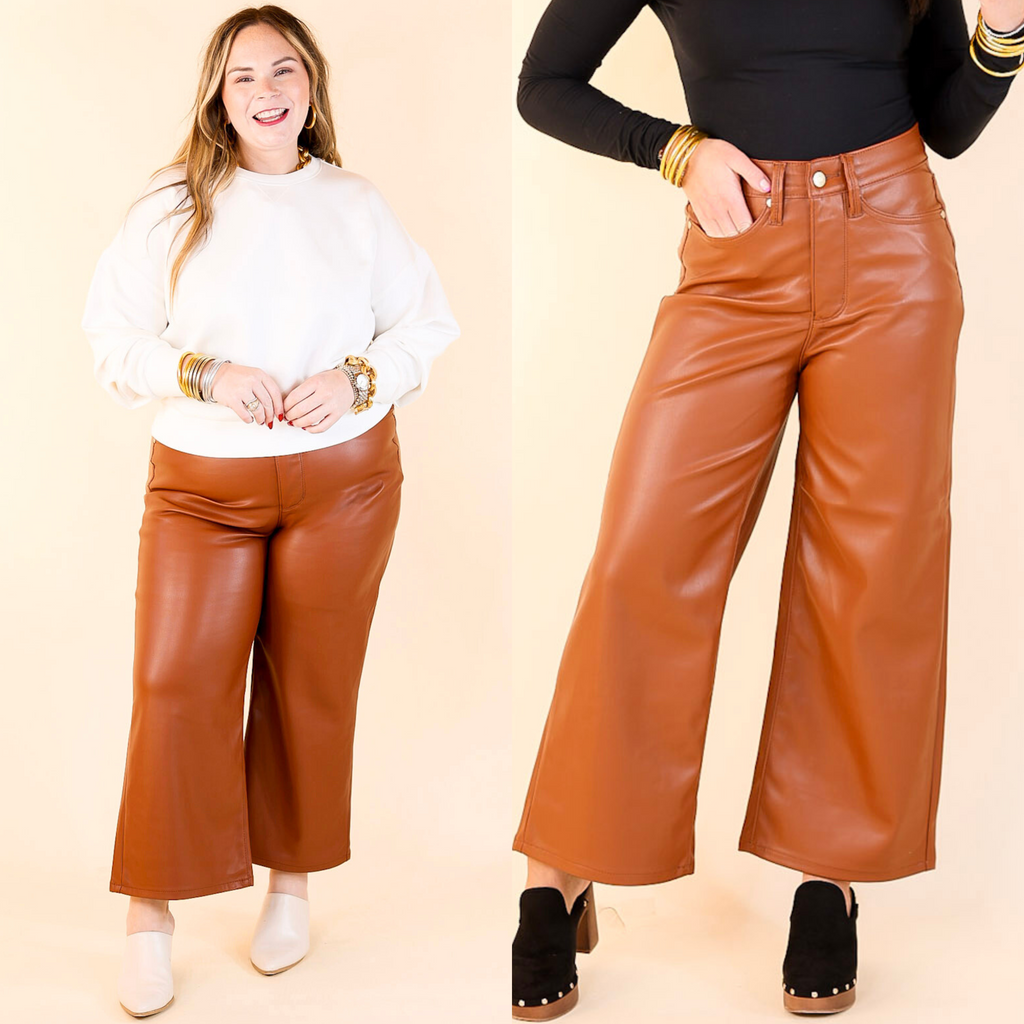 Tummy Control Faux Leather Cropped Wide Leg Pant in Camel Brown