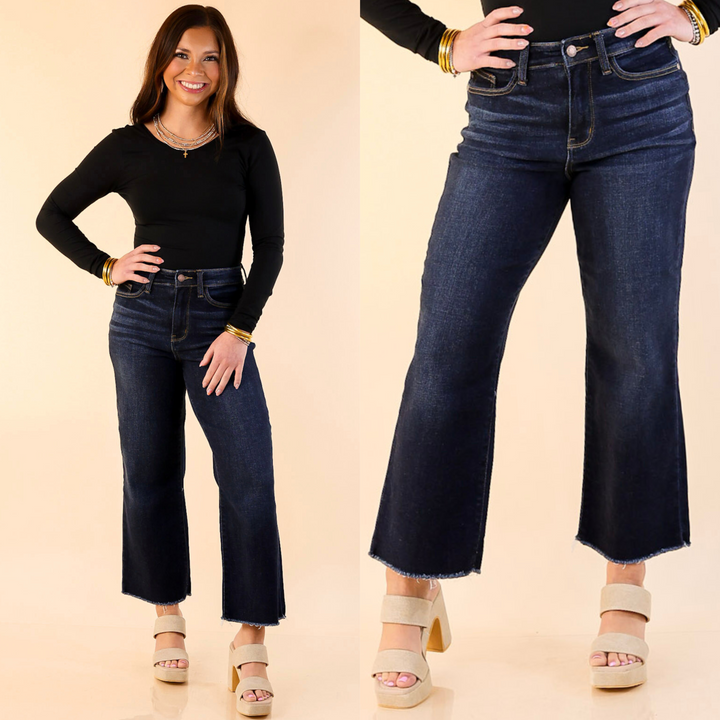 These jeans feature a flattering cropped wide-leg design and a frayed hem adds a touch of relaxed edge. Sizes 0 to 15 and 14W to 22W.