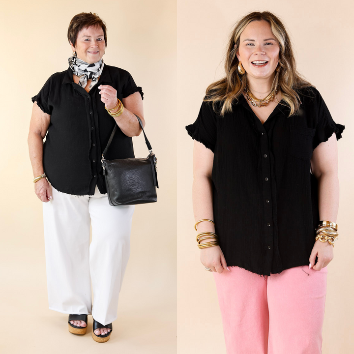 Right On Cue Button Up Raw Hem Top in Black - Giddy Up Glamour Boutique