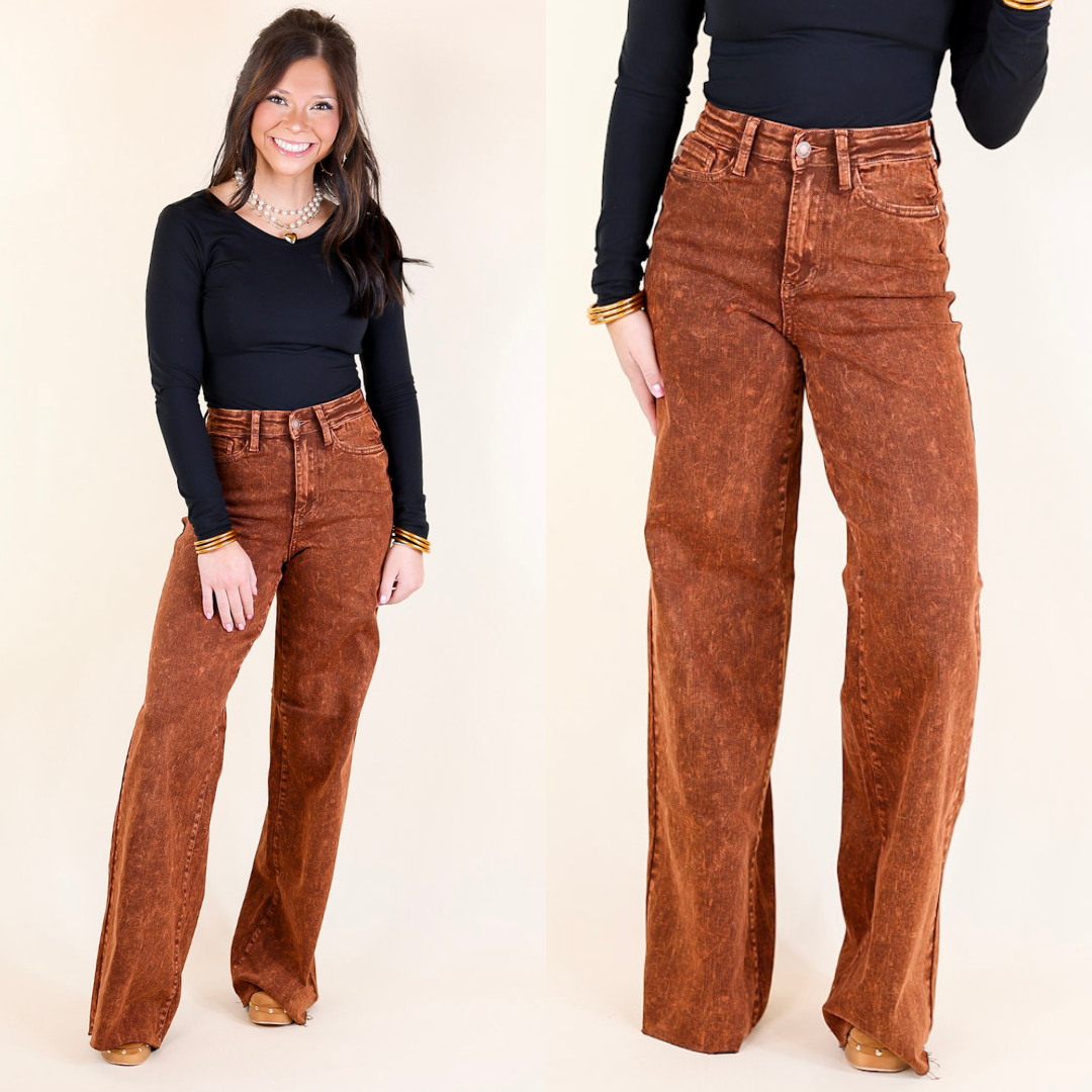 Judy Blue | Harvest Hues High Waisted Garment Dyed Jean with Raw Hem in Pumpkin Spice Brown