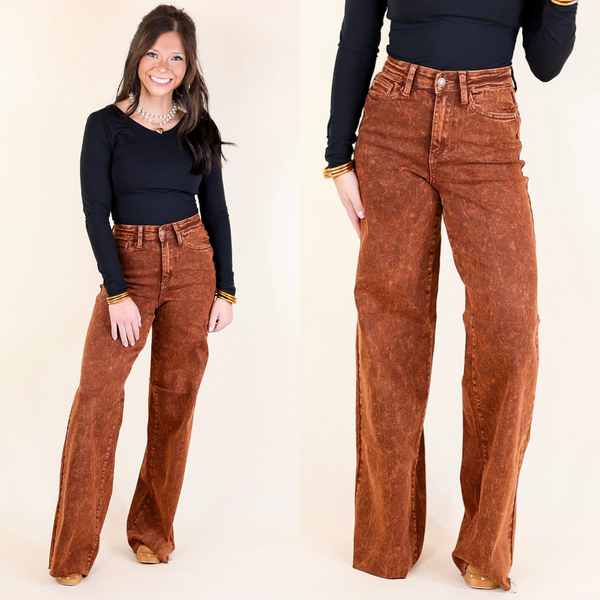 ボトムス hello lupo brown denim pants 18-24m High Waisted Garment Dyed Jean with Raw Hem in Pumpkin Spice Brown