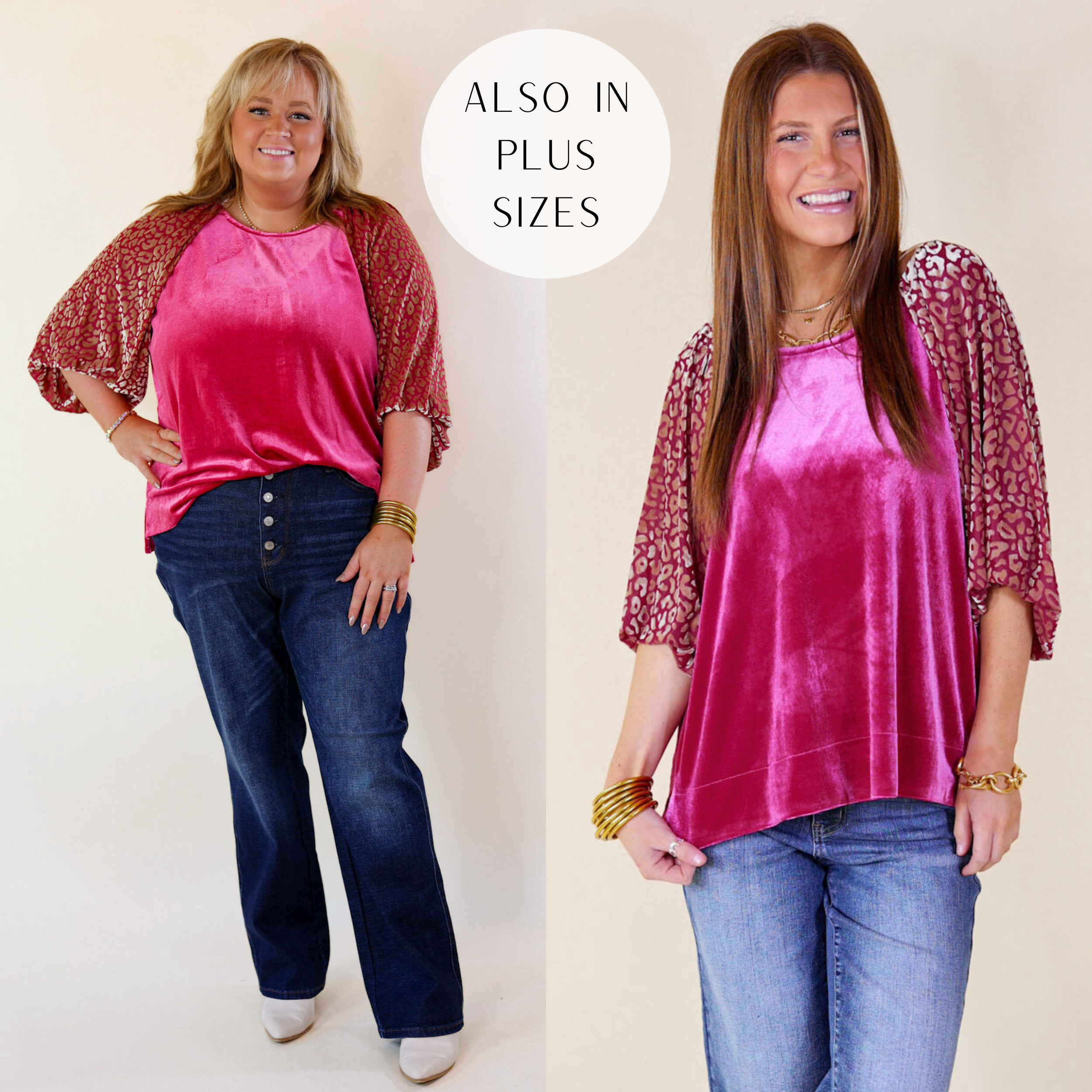 Models are wearing a animal print velvet top in raspberry red with 3/4 sleeves.  Size plus model has it paired with dark washed Judy Blue jeans, white boots, and gold jewelry. Size small model is has it paired with medium washed jeans and gold jewelry. 