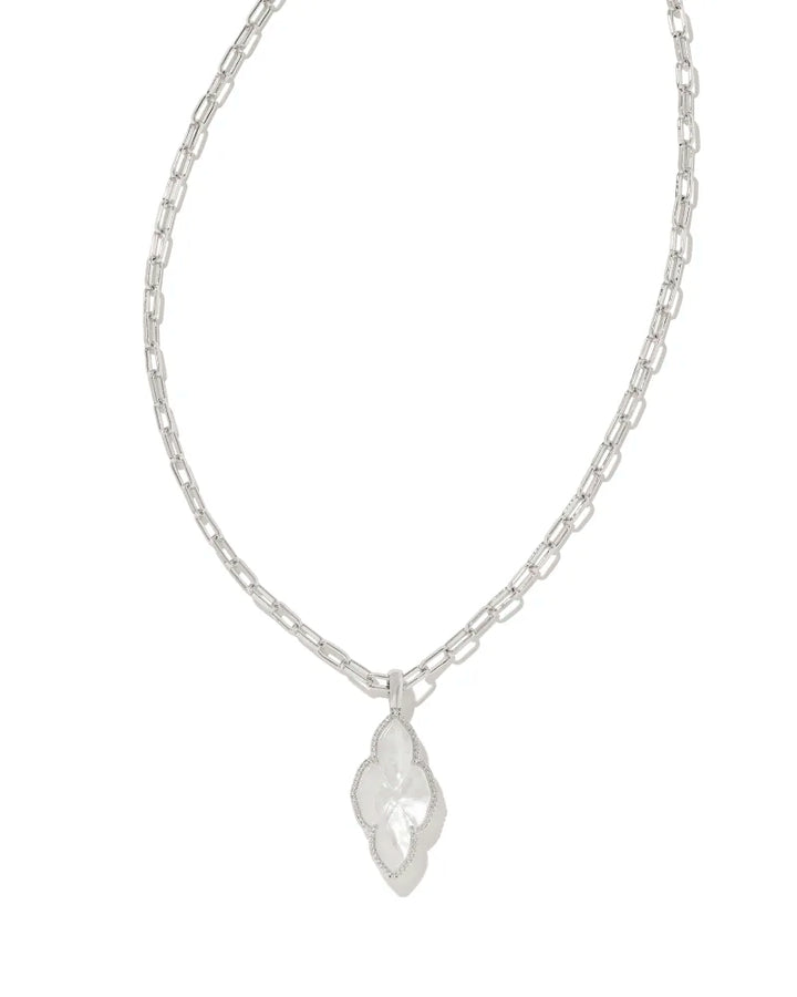 Kendra Scott | Abbie Silver Pave Frame Large Long Pendant Necklace in Ivory Mother-of-Pearl