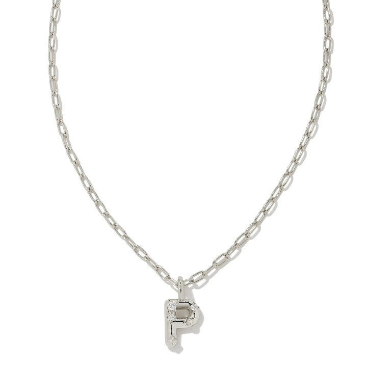 Kendra Scott | Crystal Initial Letter Silver Short Pendant Necklace in White Crystal