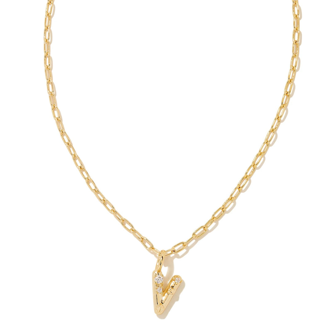 Kendra Scott | Crystal Initial Letter Gold Short Pendant Necklace in White Crystal