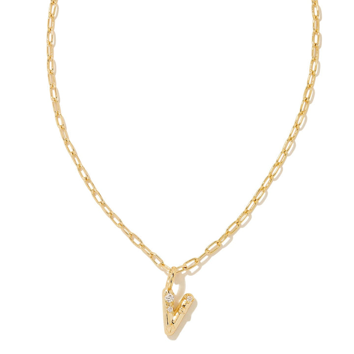 Kendra Scott | Crystal Initial Letter Gold Short Pendant Necklace in White Crystal
