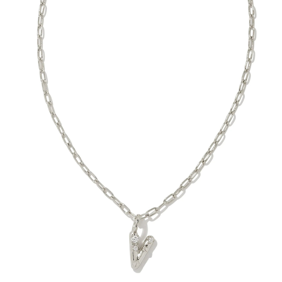 Kendra Scott | Crystal Initial Letter Silver Short Pendant Necklace in White Crystal