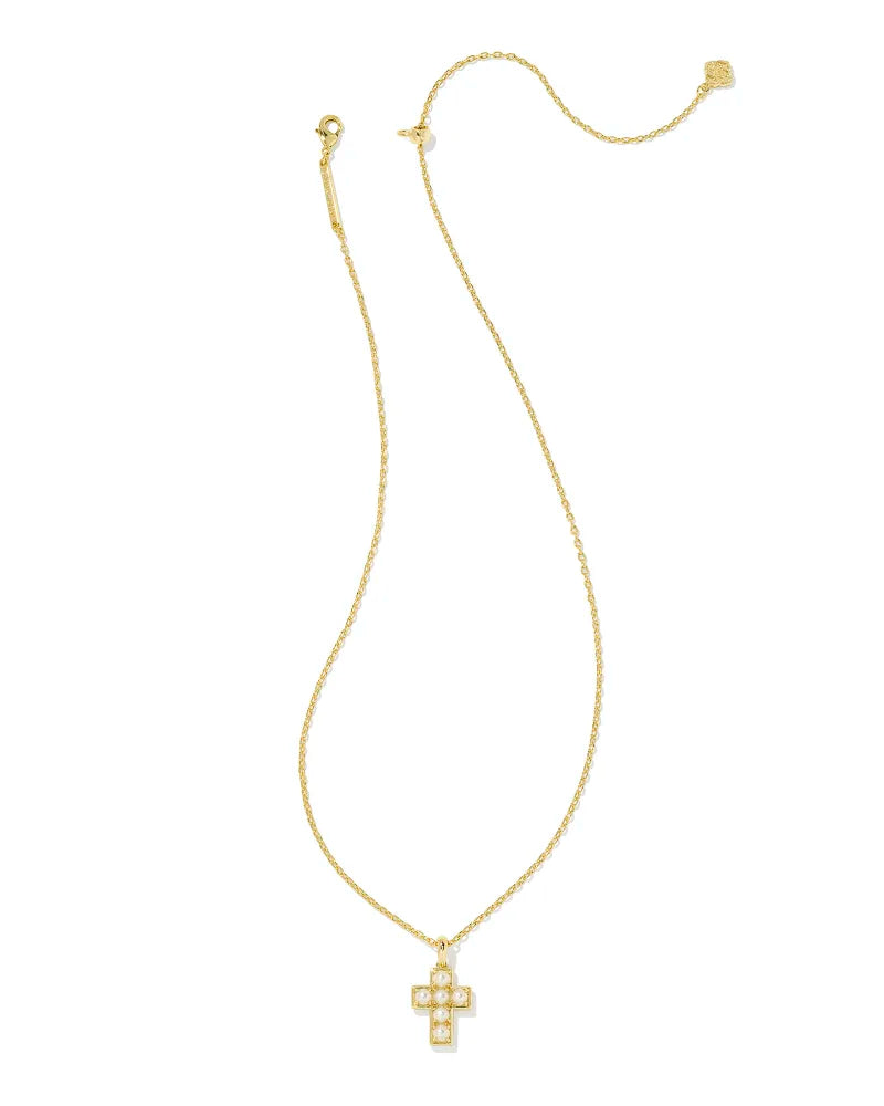 Kendra Scott | Pearl Gold Cross Short Pendant Necklace in White Pearl