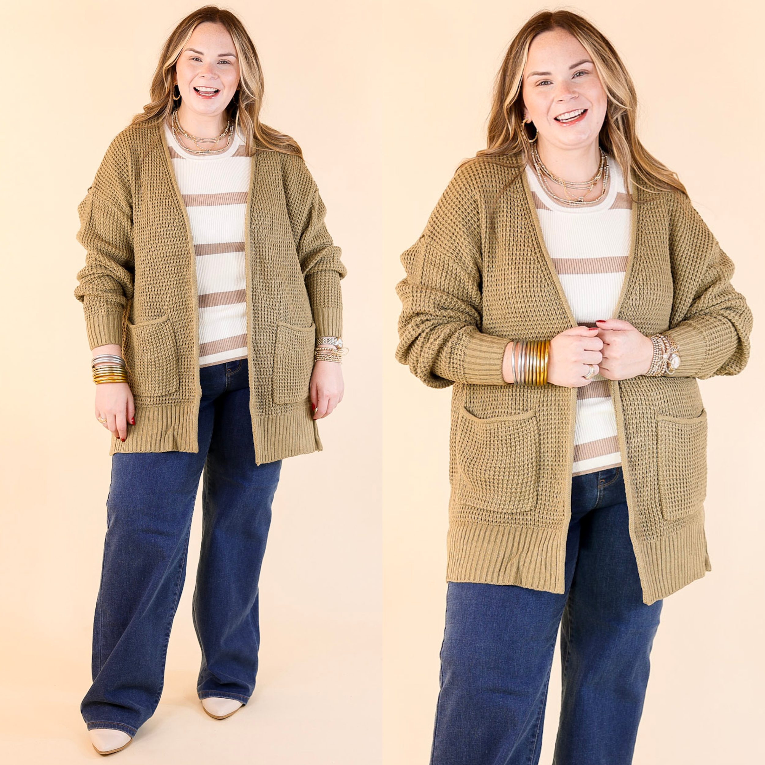 Cozy Layers Waffle Knit Cardigan in Khaki Tan