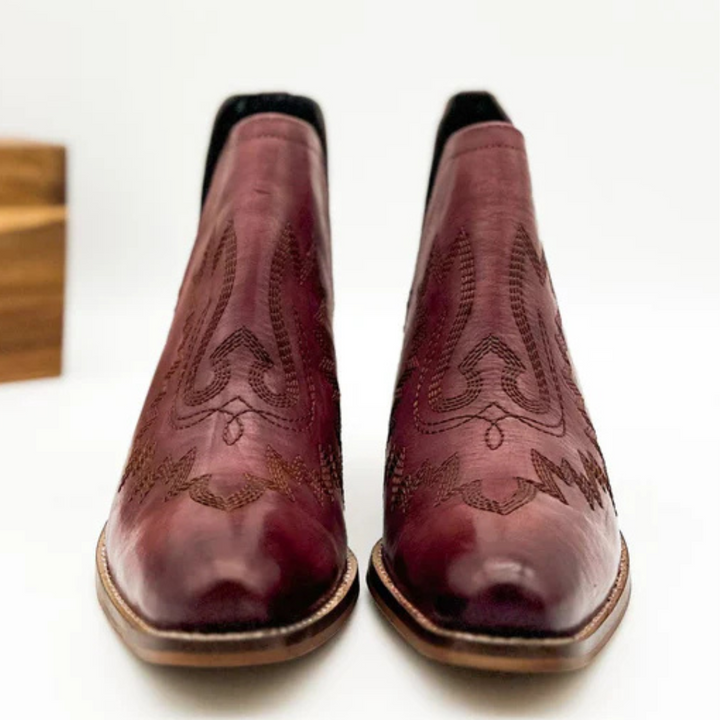 Online Exclusive | Kickin' Western Embroidered Booties in Burgundy