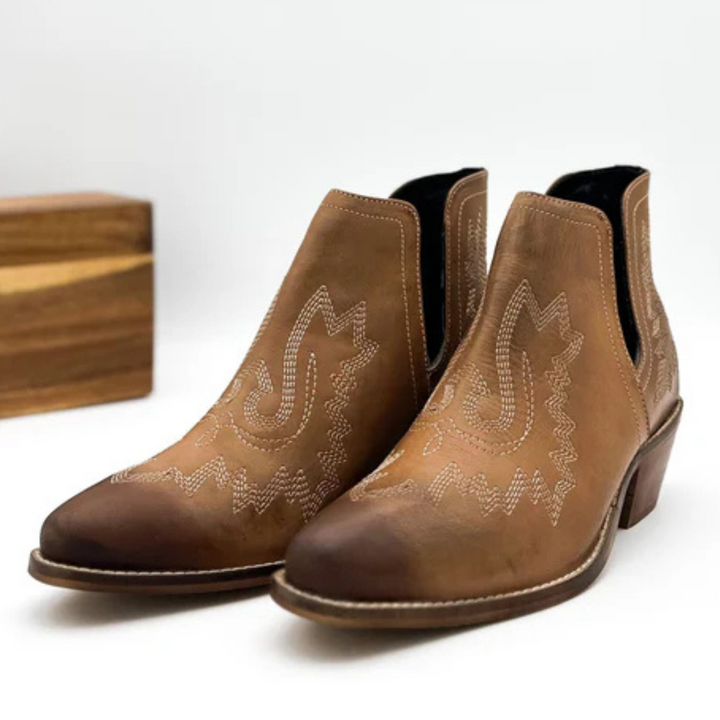Online Exclusive | Kickin' Western Embroidered Booties in Tan
