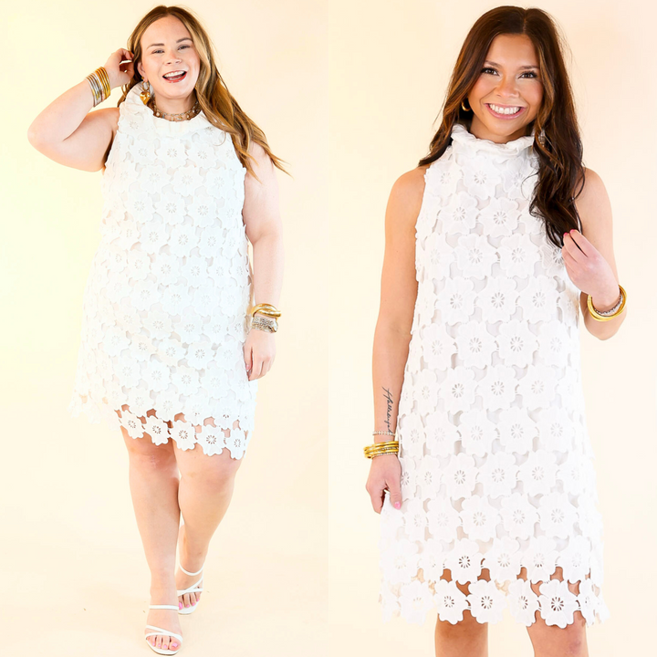 Dressed to Impress Lace Dress with Ruffled Mock Neck in Off White