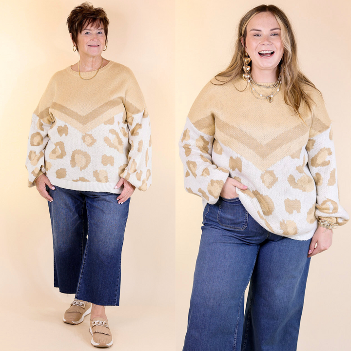 Thankful Thoughts Leopard Print and Chevron Print Block Sweater in Beige
