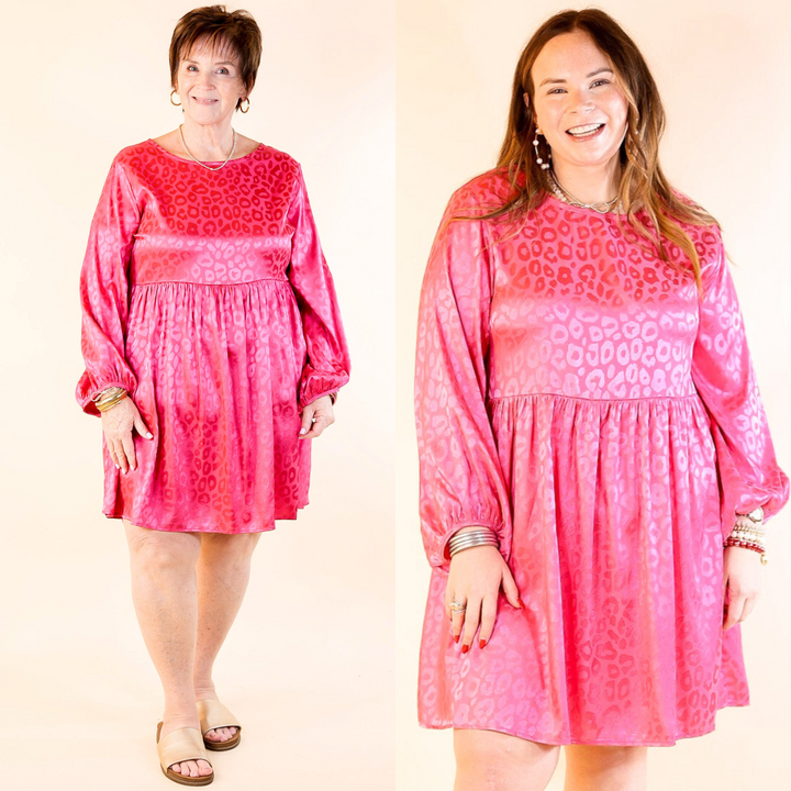 Change Is Coming Leopard Print Babydoll Dress with Long Sleeves in Hot Pink