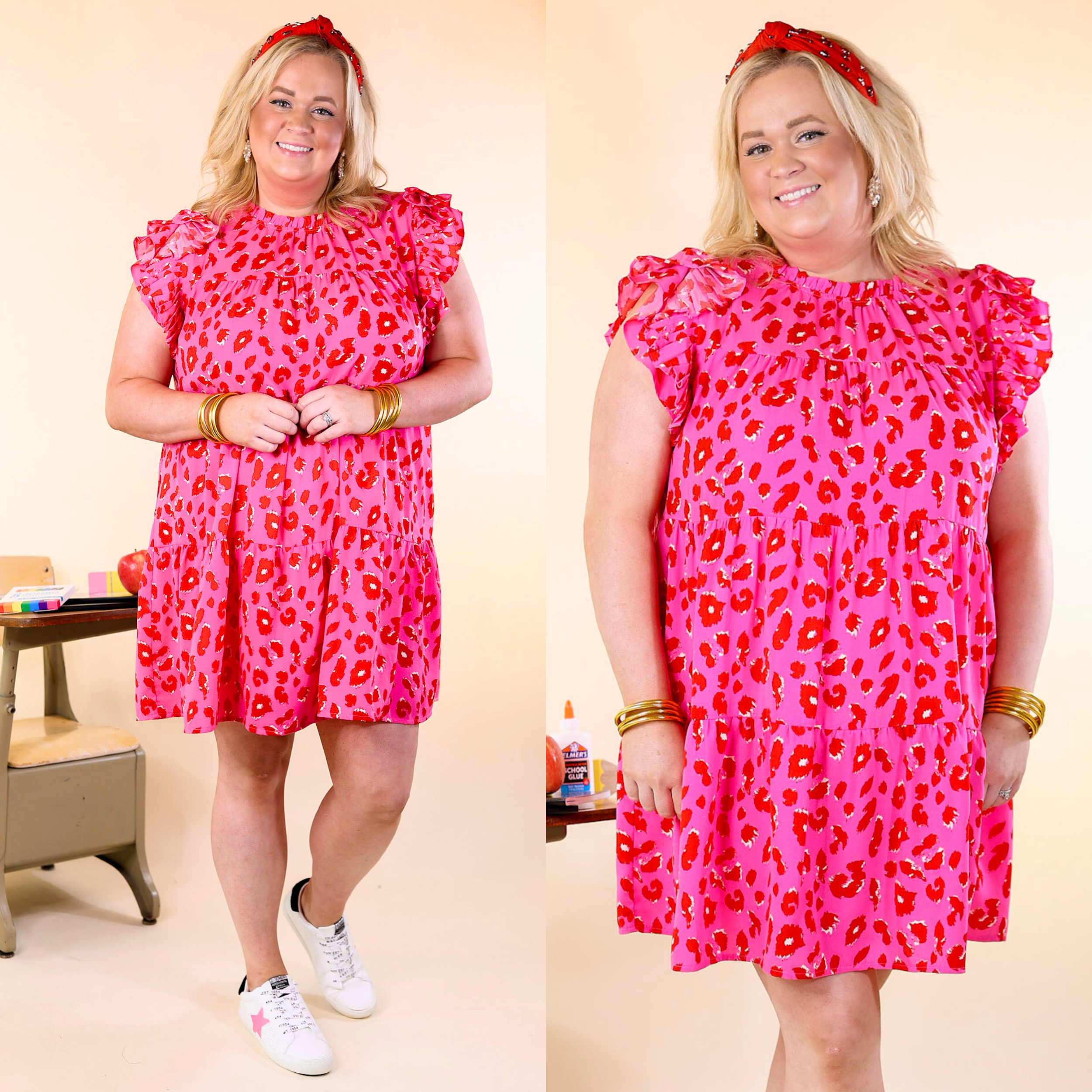 Daring and Delightful Leopard Print Dress with Ruffle Cap Sleeves in Pink