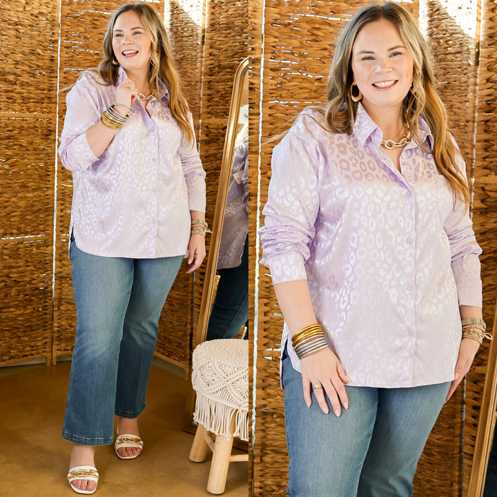Top It Off Long Sleeve Button Up Satin Leopard Top in Lavender Purple