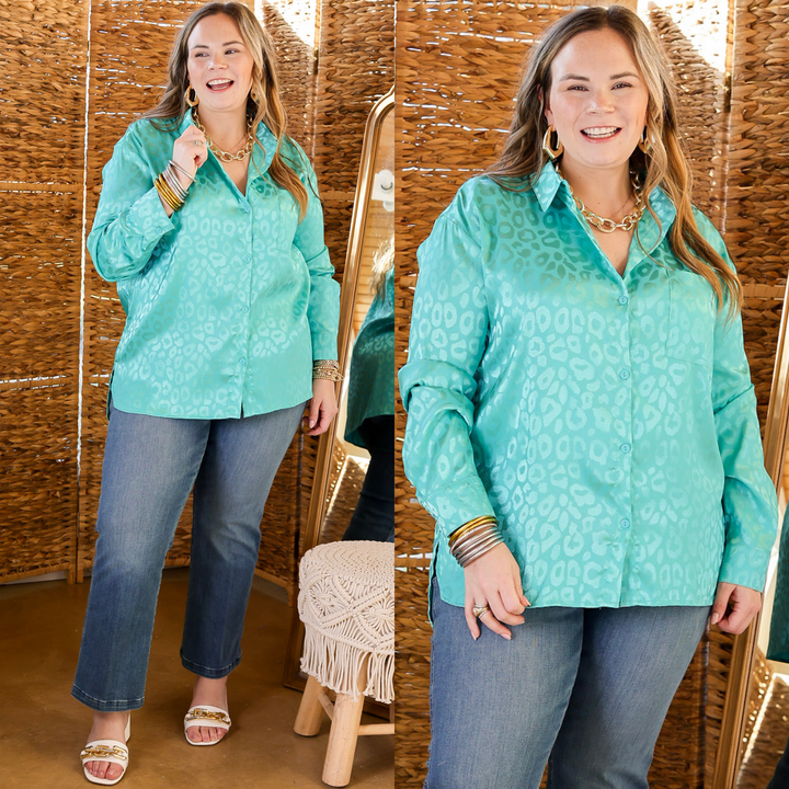 Top It Off Long Sleeve Button Up Satin Leopard Top in Turquoise Blue