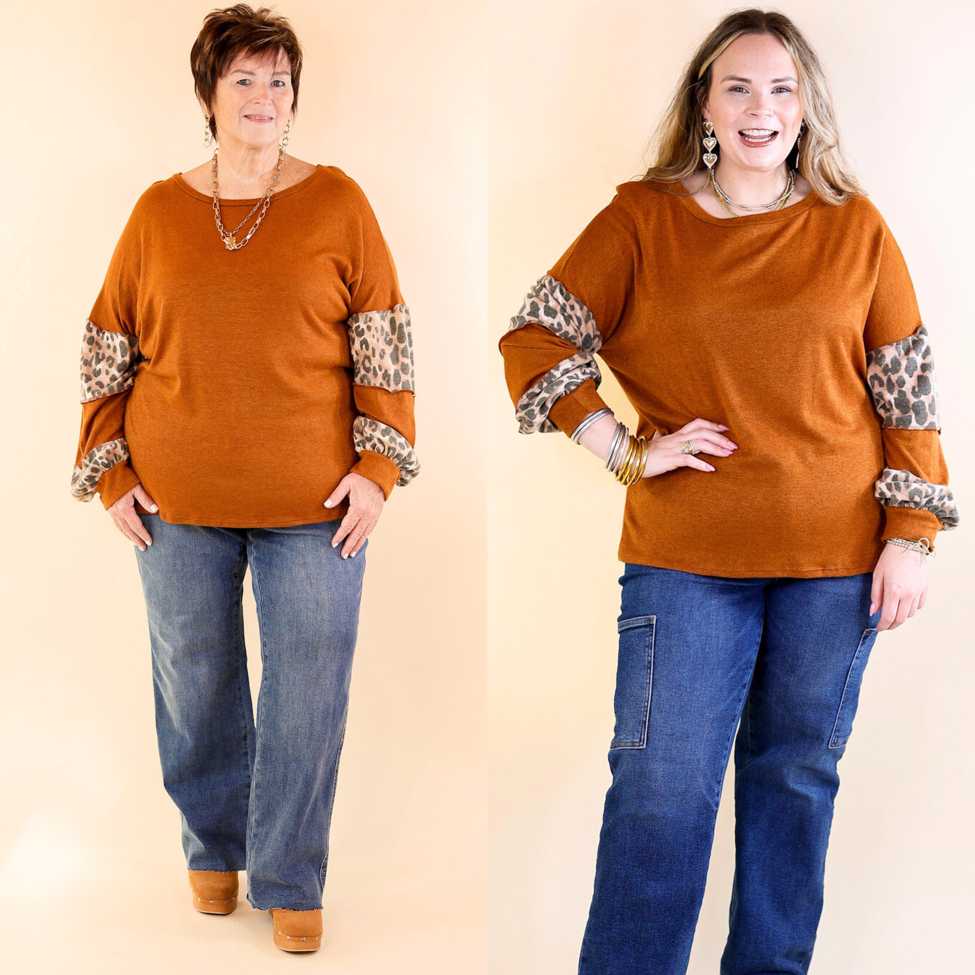 Double The Fun Long Sleeve Leopard Print Block Top in Burnt Orange