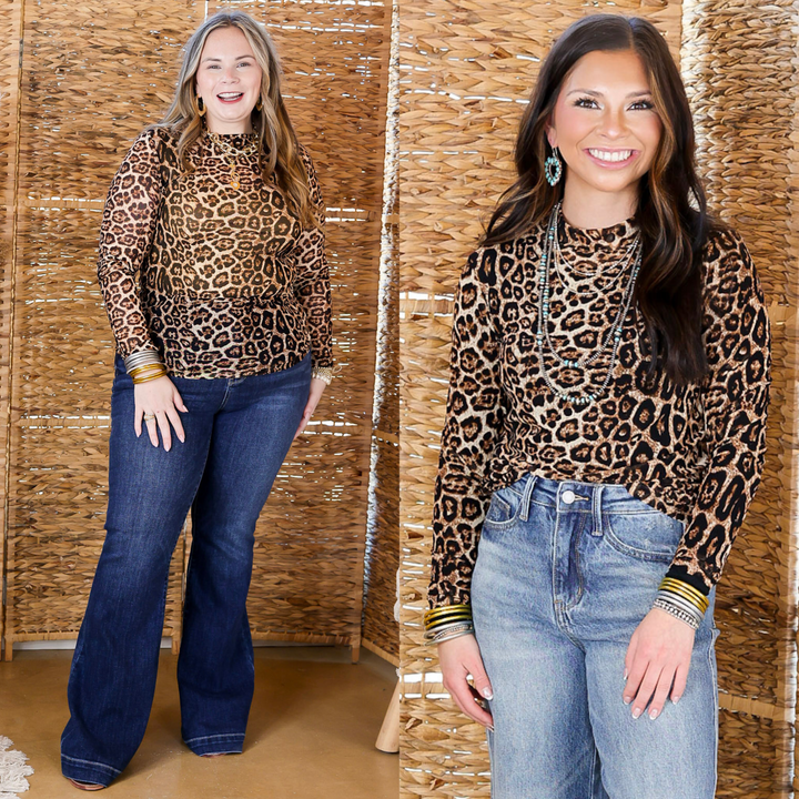Sheer Confidence Print Mesh Long Sleeve Top in Leopard Print