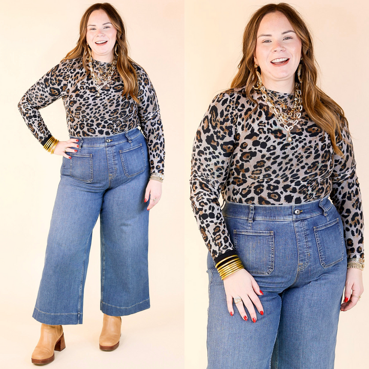 Try Your Luck Mesh Long Sleeve Print Bodysuit with Cream Background in Leopard Print