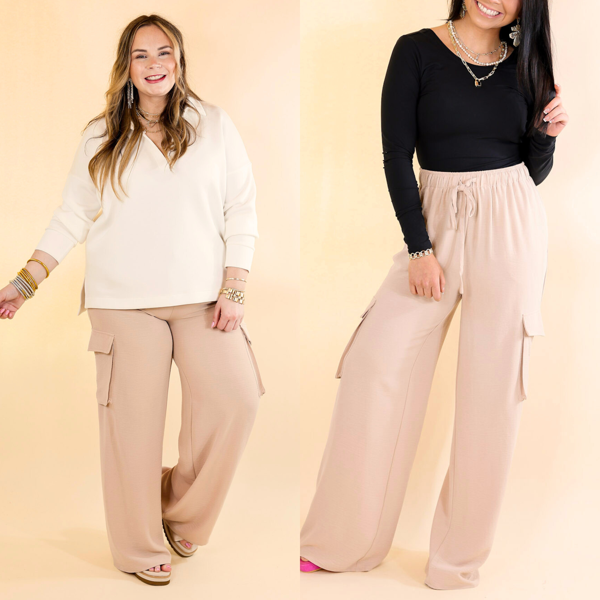 Sunday Stroll Wide Leg Cargo Pant in Light Taupe - Giddy Up Glamour Boutique