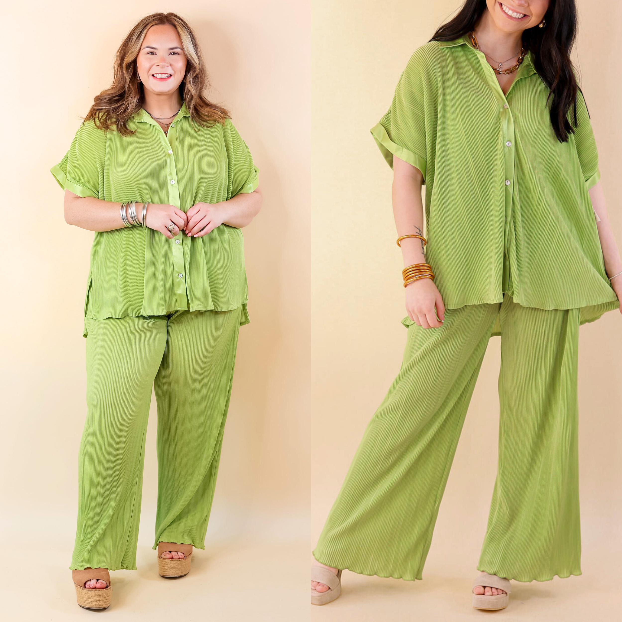 Walking In Paradise Plissé Drawstring Pants in Lime Green - Giddy Up Glamour Boutique