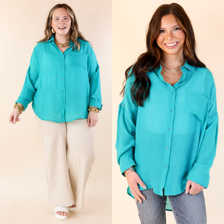 Look on the Bright Side Button Up Long Sleeve in Turquoise Blue