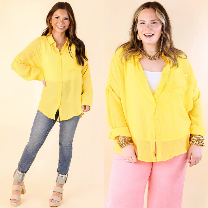 Look on the Bright Side Button Up Long Sleeve in Lemon Yellow