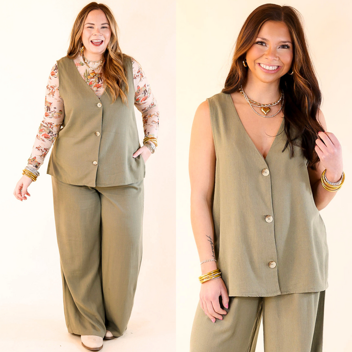 Styled for Success Button Up Linen Vest in Light Olive Green