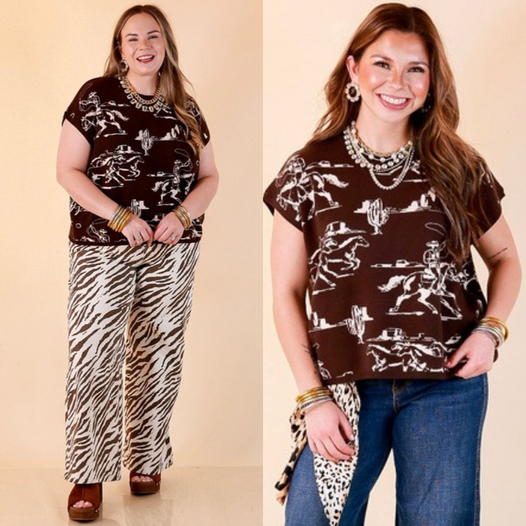 Two images of a woman wearing the Long Way Home Western Cowboy Scene Knit Sweater Vest in Brown and Cream on a beige background