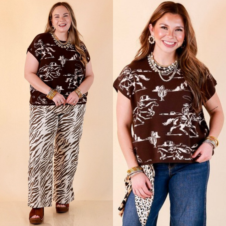 Two images of a woman wearing the Long Way Home Western Cowboy Scene Knit Sweater Vest in Brown and Cream on a beige background