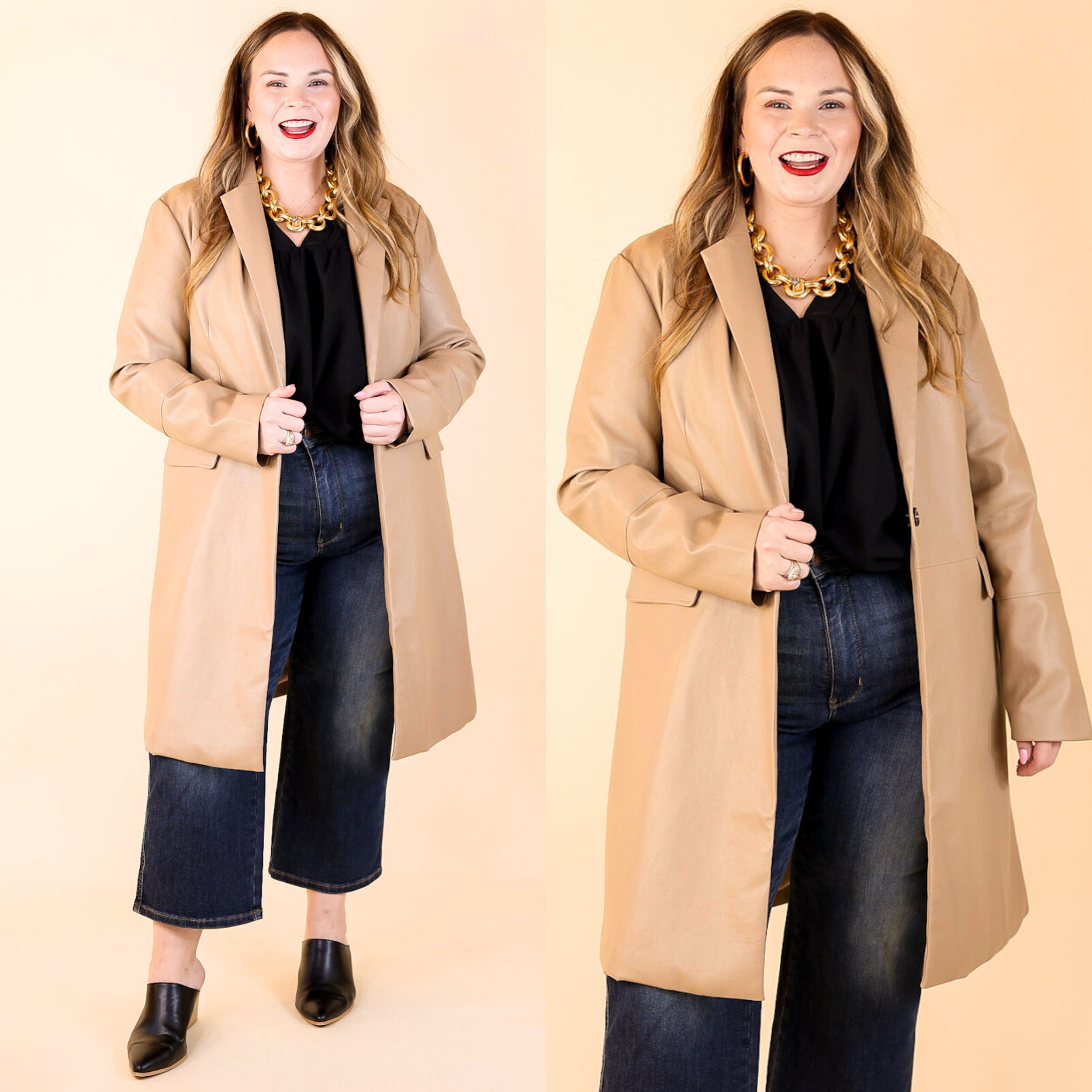 Espresso Run Long Faux Leather Coat with Button Front in Taupe